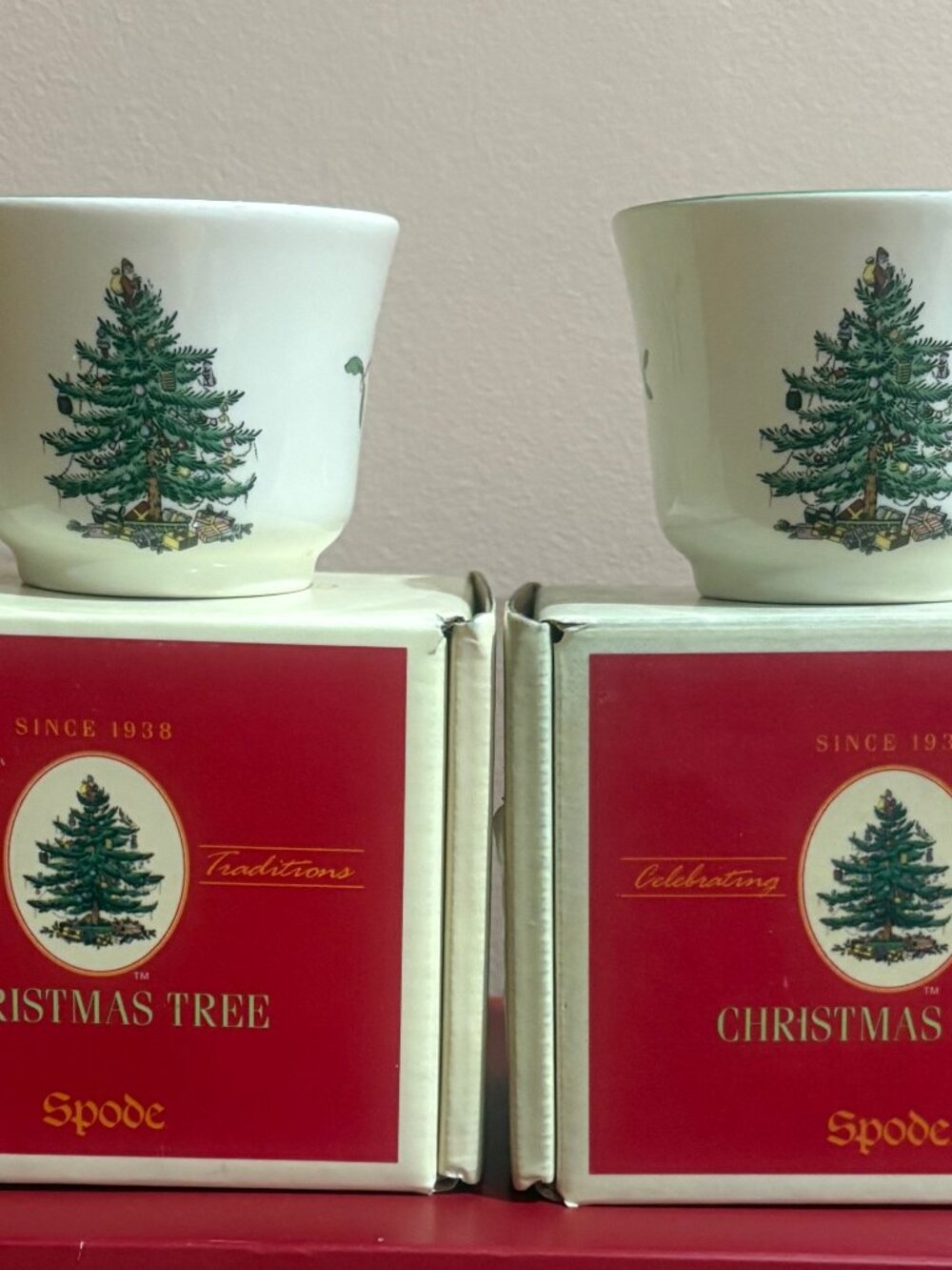 Pair Spode Christmas Tree Votive Candle Holders Made In England Boxed Vintage